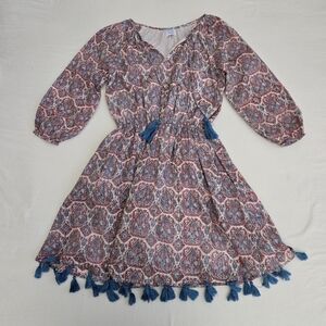 Mer St. Barth Solange Dress Block Print Tassle Tie Closure Peasant Boho Beach S